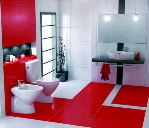 łazienka w bieli i czerwieni